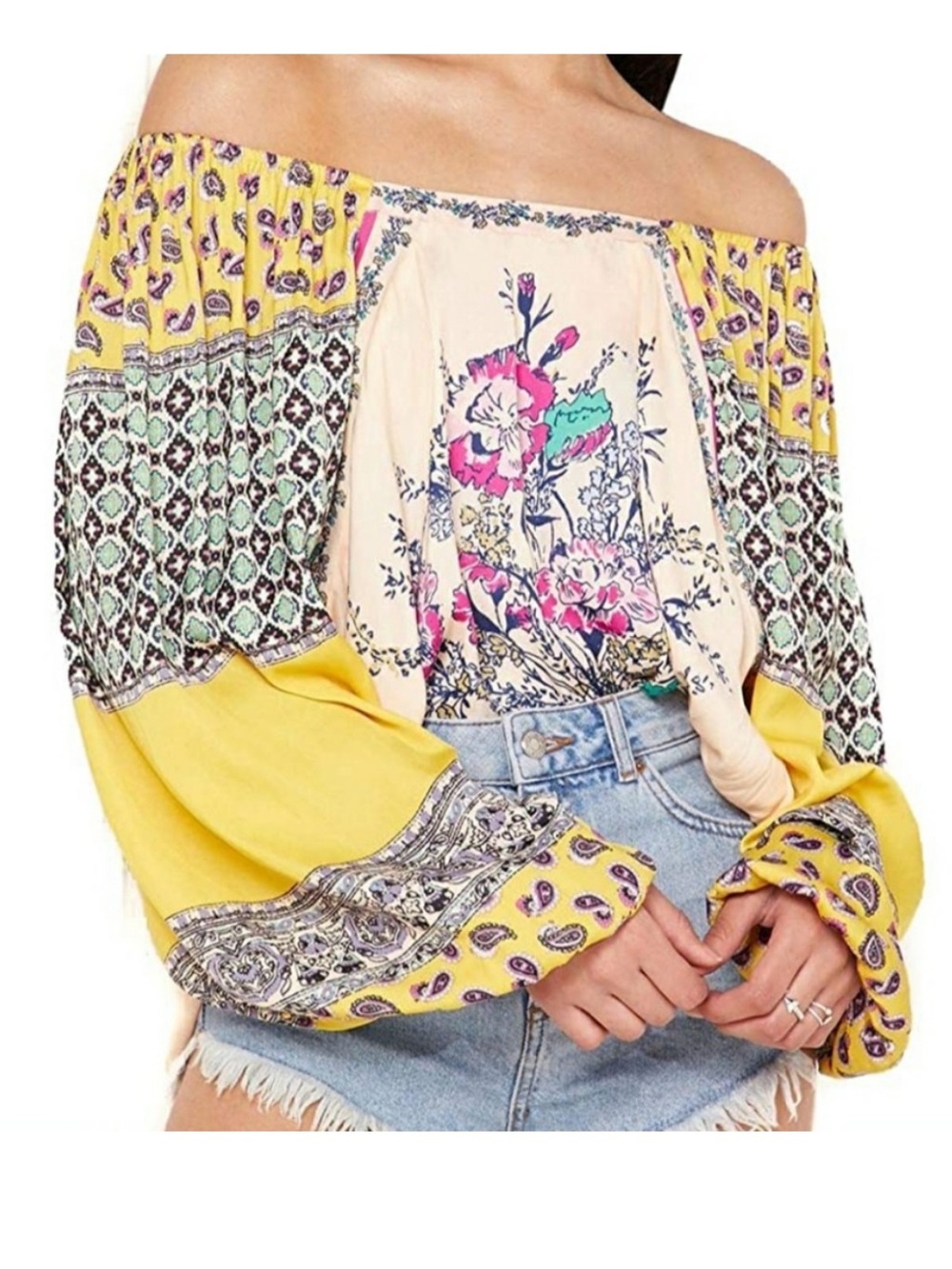 Free People Peach Floral Peasant Blouse with Yellow Patchwork Sleeves
